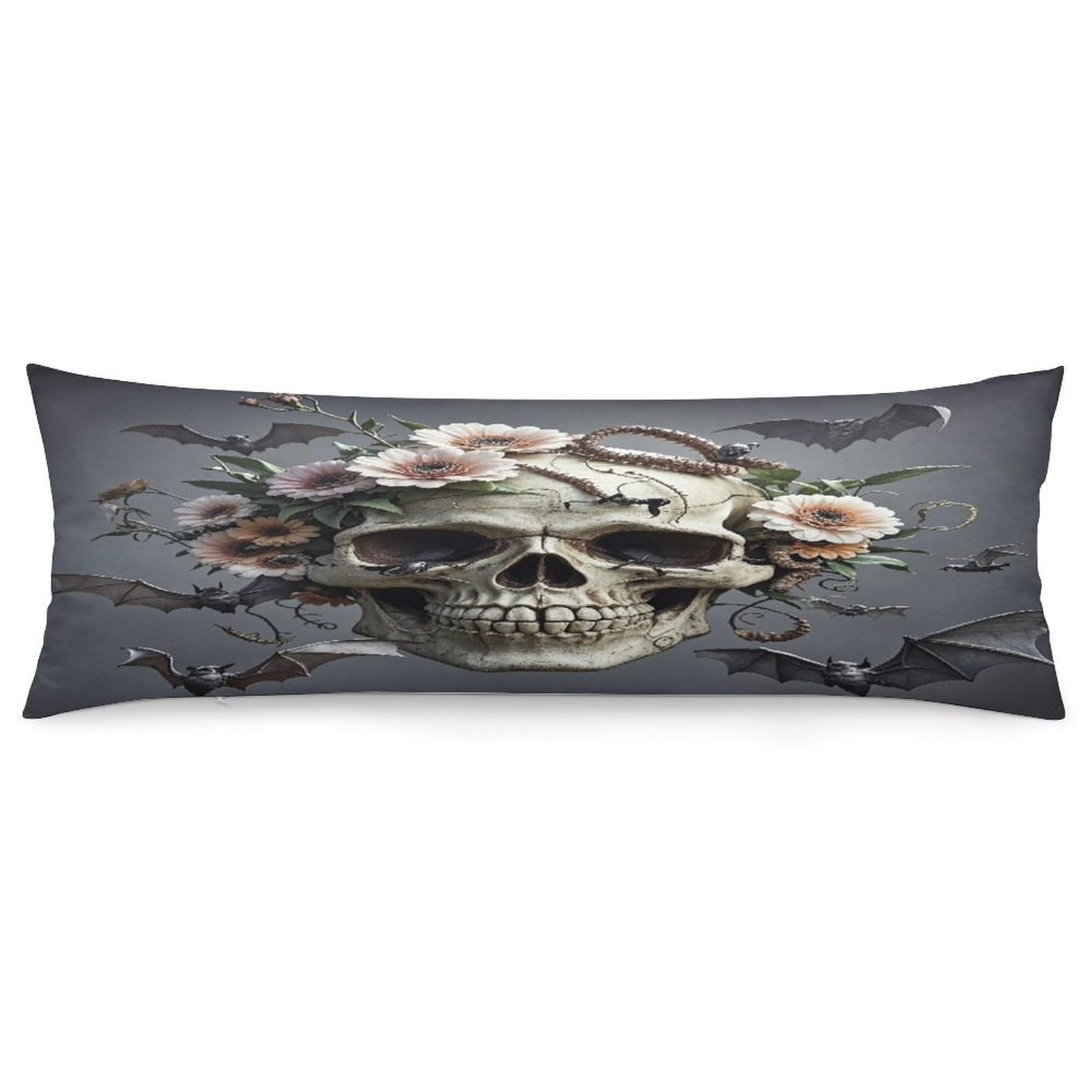 Skull Flower Pillowcase Long Body Pillow Cover Soft Decorative Body Pillow Case Breathable Large Pillowcase Cute Cozy Pillow Protector for Bed Sofa Couch Room 18.9 X 53 Inch