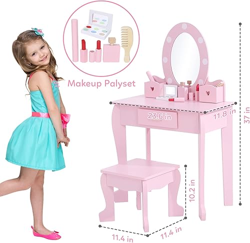 Miniatura 2 de Tocador para niños con espejo y taburete, tocador para niñas con juego de maquillaje de madera, mesa de tocador de princesa para niños pequeños, rosa