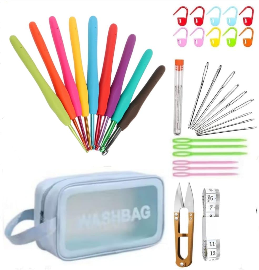 VIRADHAM 37-Piece Crochet Hook Set, Ergonomic Soft Grip Crochet Hooks for Arthritic Hands, Rainbow Aluminum Hooks with Knitting Needles, Stitch Markers, Case β Ideal for Beginners & Crochet Lovers (rainbow color kit)