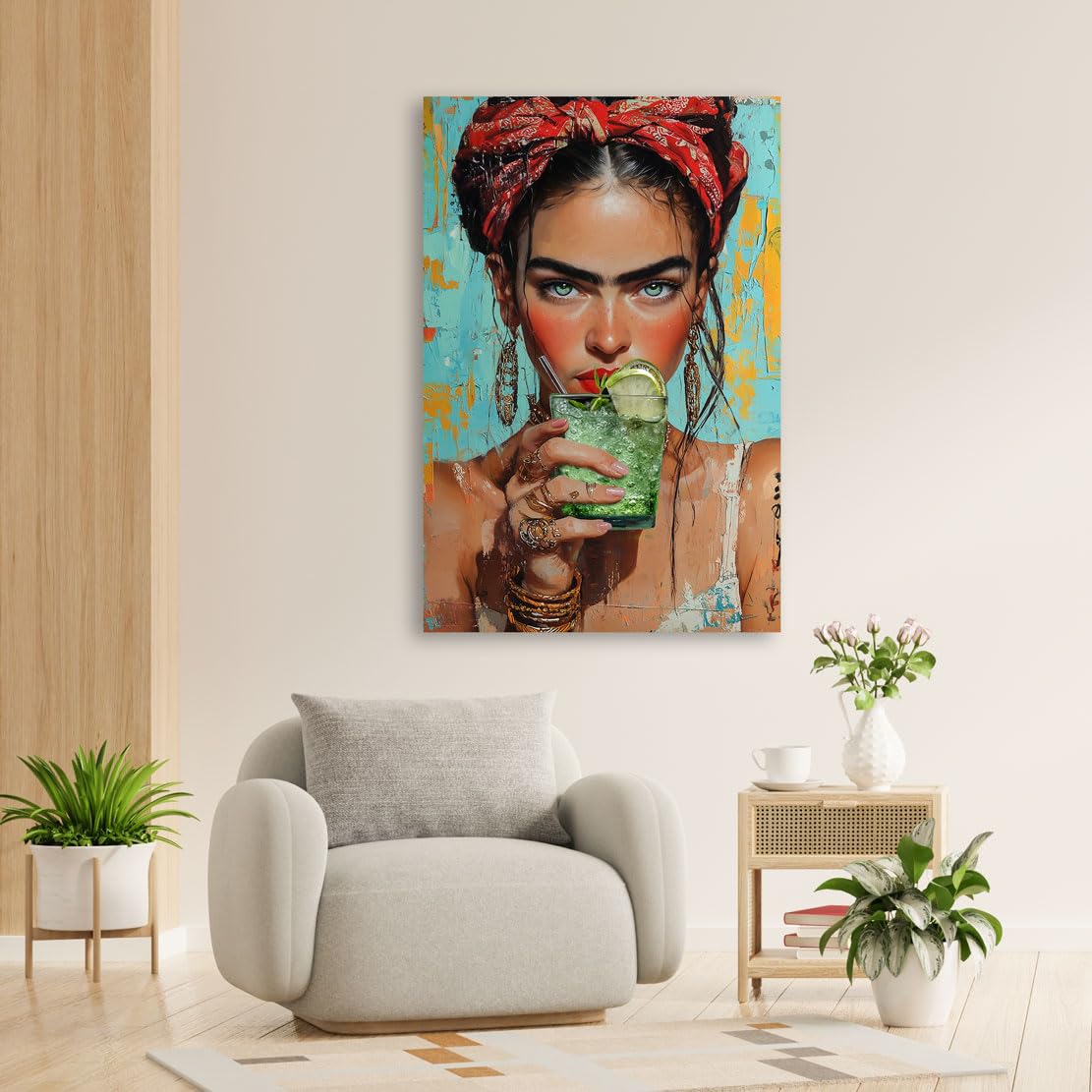 Kunstgestalten24 | Frida Kahlo Wandbild auf Leinwand – Pop Art Porträt mit Drink & Kopftuch im Kunstdruck auf Echtholz-Keilrahmen – Kunst für Wohnzimmer Büro | 80x120cm, 2cm Rahmentiefe