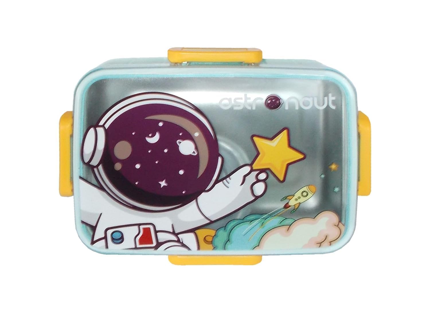 Kids Premium 700ML Lunch Box Stainless Steel Cartoon Print 1 Compartment with Dip Container Food Grade Lunchbox 4 Clip Lock Leak Proof Container for School Travel Picnic (Astronaut)