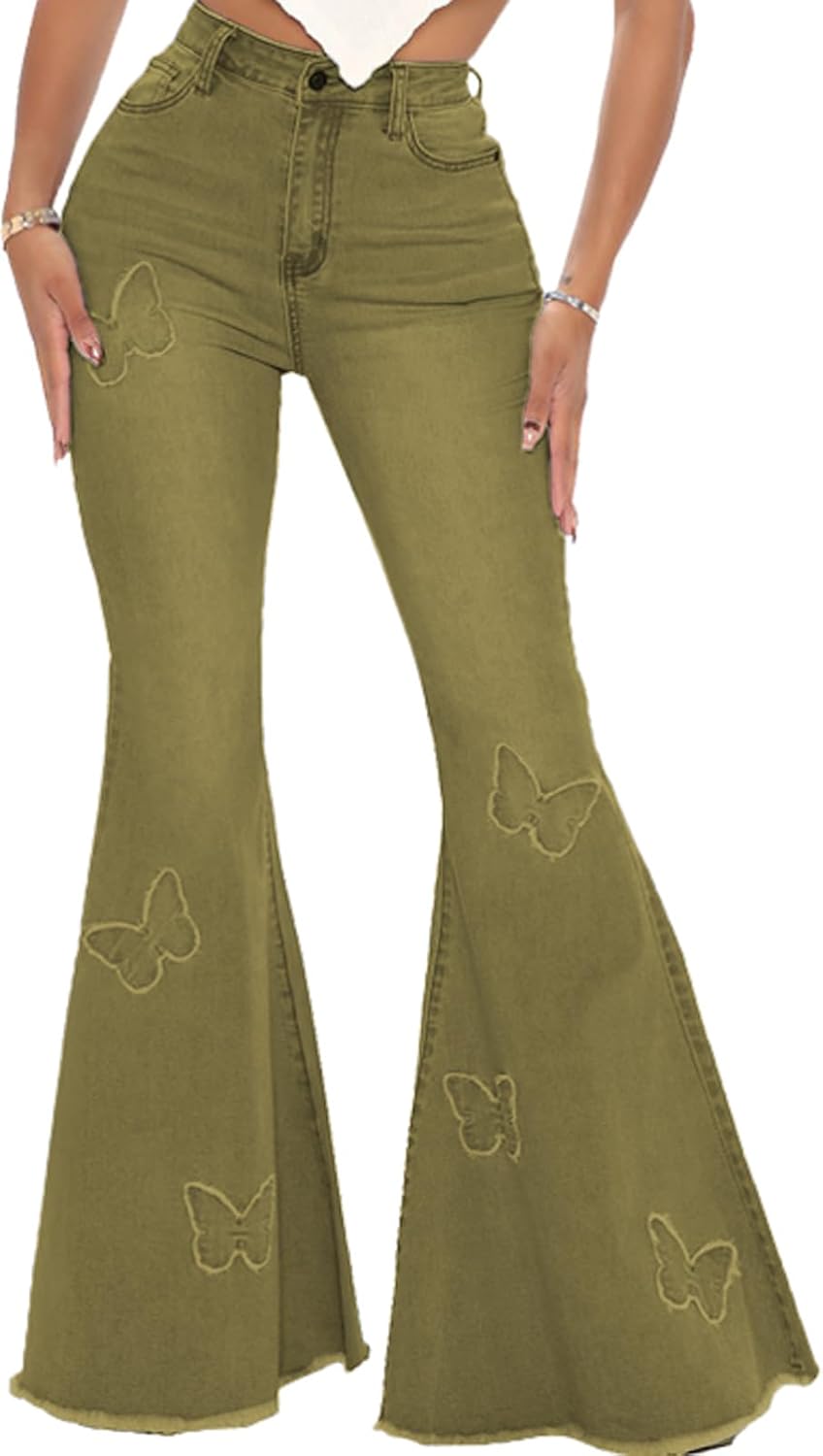 Women's Butterfly Bell Bottom Jeans Elastic High Waisted Embroidered Classic Flareed Jeans Raw Hem Denim Pants with Pocket