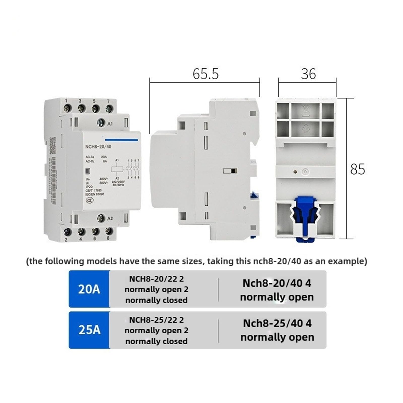 Contactor Modular de CA for el hogar, carril NCH8 20A 25A 40A 63A, 2NO, 2NC, 1NO1NC, 2NO2NC, 4NO, 220V/230V, 220v(NCH8-63A,4NO)