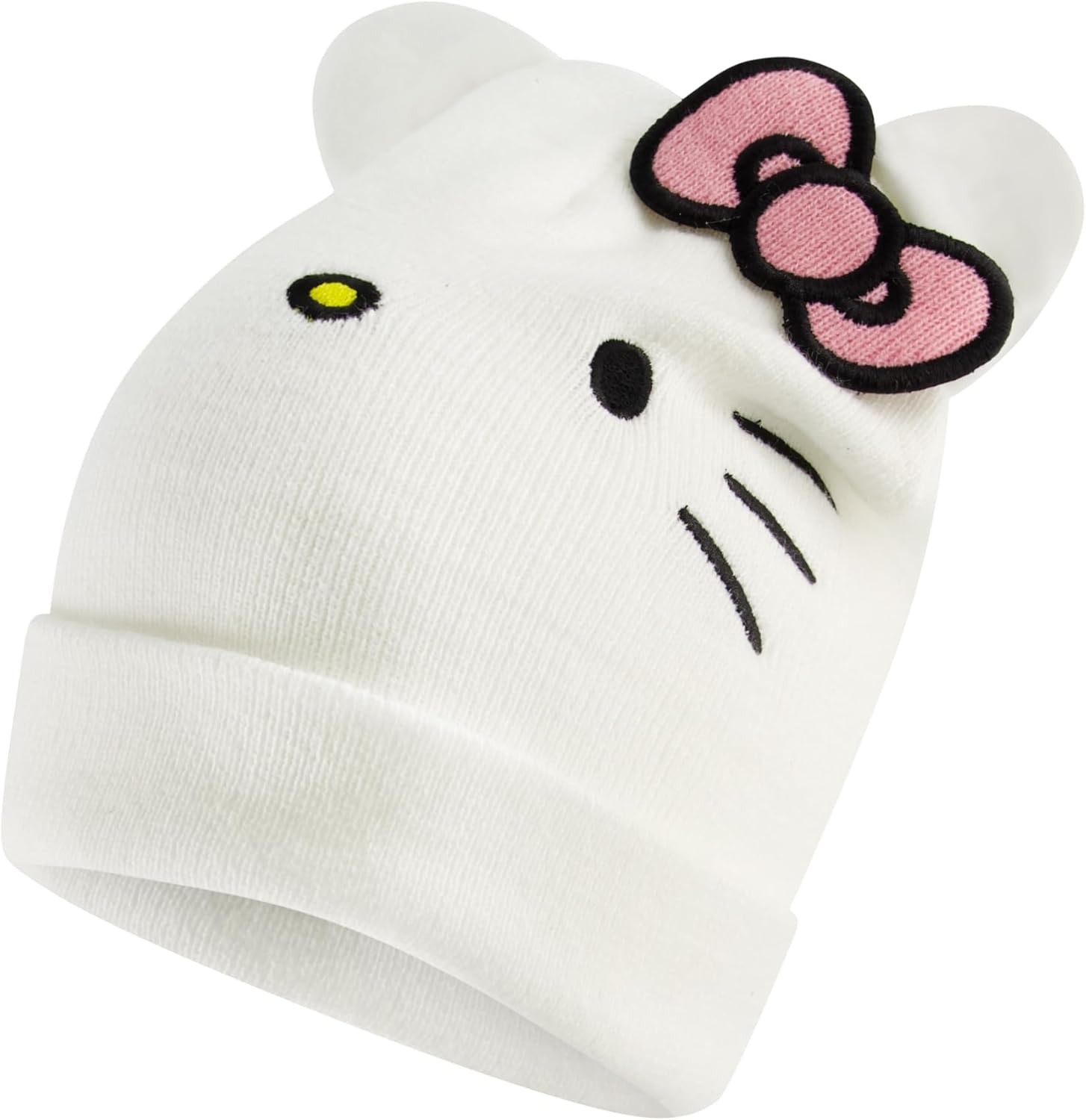 Hello Kitty Beanie Hat, Adult Acrylic Knitted Winter Cap with 3D Ears and Bow, White, One Size - Image 3