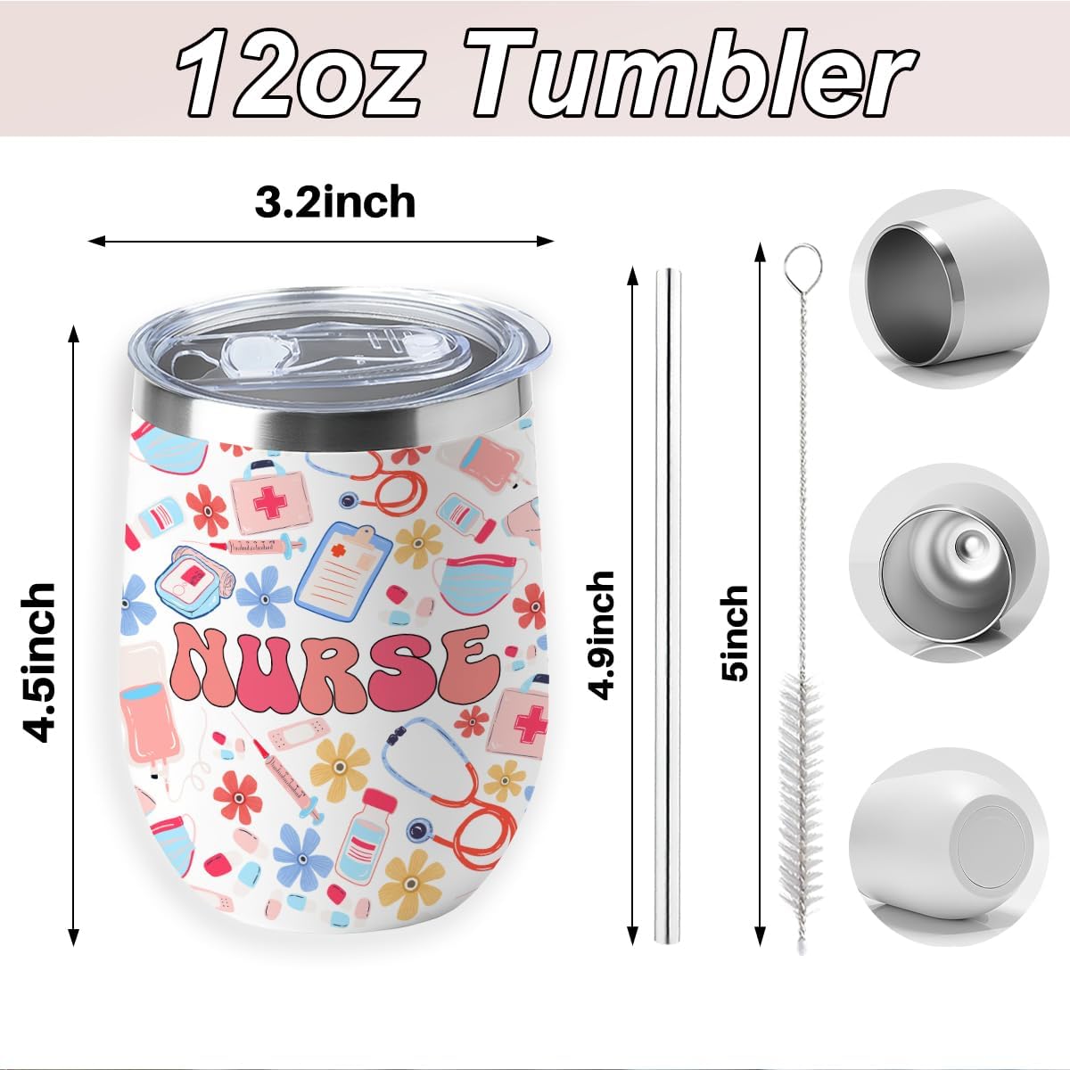 Nurse Gifts Nurse Accessories for Work 12oz Insulated Cup with Lid Straw Wine Tumbler Vacuum Insulated Travel Cup, Nursing Gifts for Women RN Nurses Student Birthday Christmas Halloween Graduation - Image 2