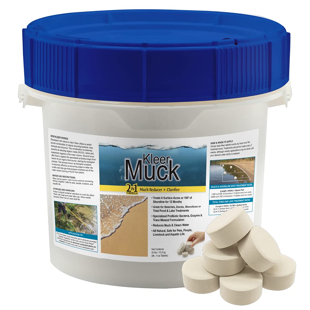 KleerMuck Muck Reducer and Water Clarifier, 2 in 1 Formula, Pond Muck Remover and Pond Water Clarifier, Treats 100 Feet of Shoreline for 3 Months, Treats Entire Waterbody, 96 Count Pond Muck Tablets