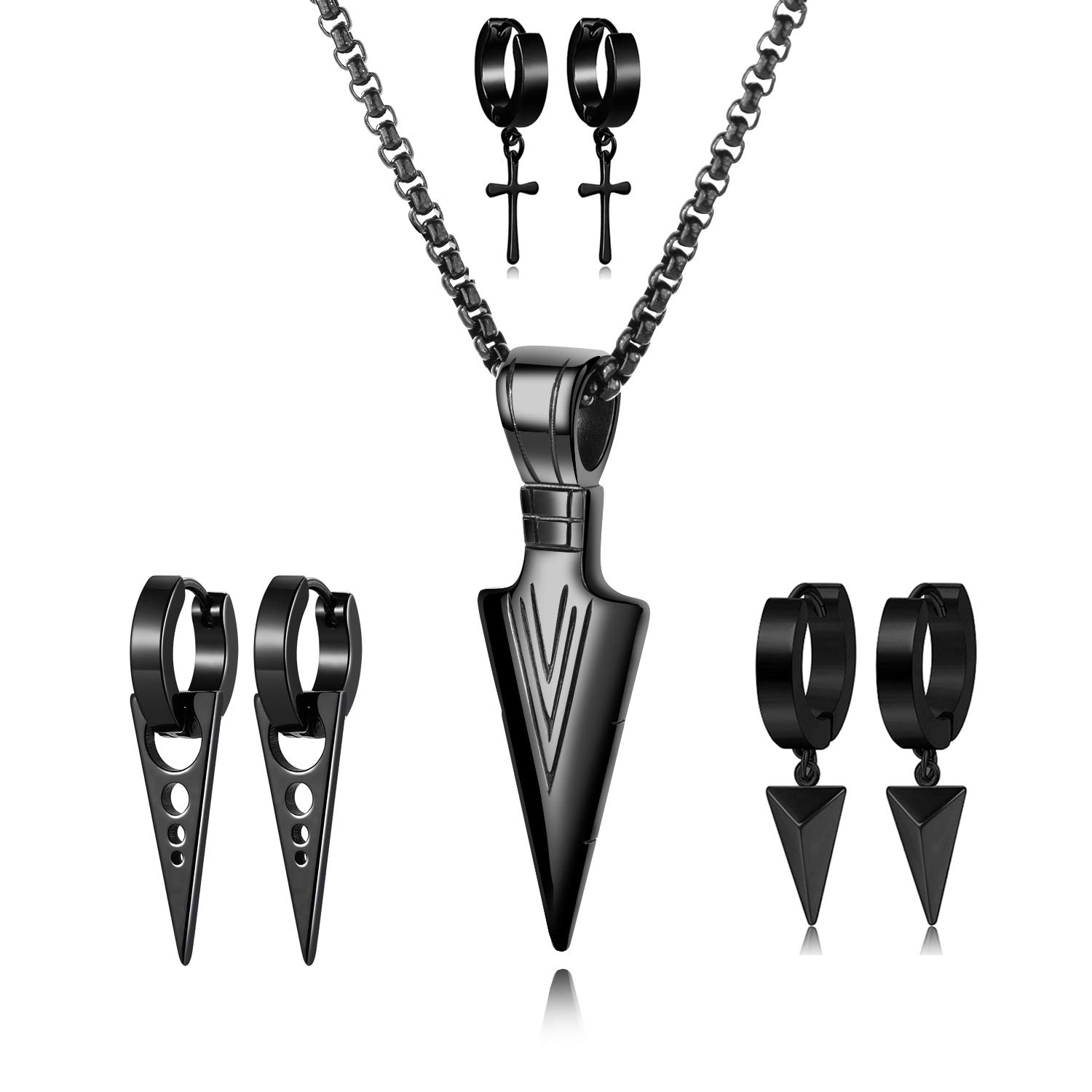 Mens Boys Black Stainless Steel Cool Dagger Arrowhead Arrow Drop Pendant Chain Necklace, 3 Pairs Punk Style Cross Geometric Triangle Dangle Surgical Huggie Hoop Earrings Jewelry Set, Metal, No