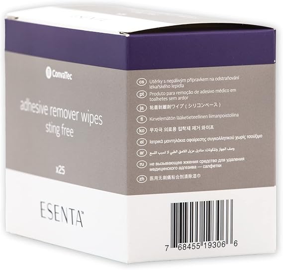 ConvaTec ESENTA Adhesive Remover Wipes for Around Stomas and Wounds, Sting Free, Alcohol Free, 25ct Box (Pack of 1)