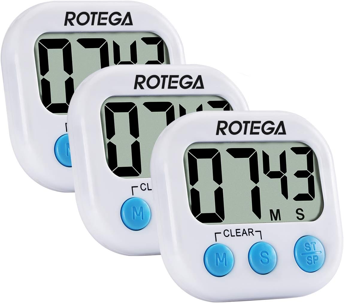 ROTEGA 3 Pack Upgrade Magnetic Digital Kitchen Timer, Auto Shut-Off, Loud Alarm and Volume Adjustable,Strong Magnet Back, Large LCD Display, Premium Count-Up & Count Down for Cooking, Classroom,White