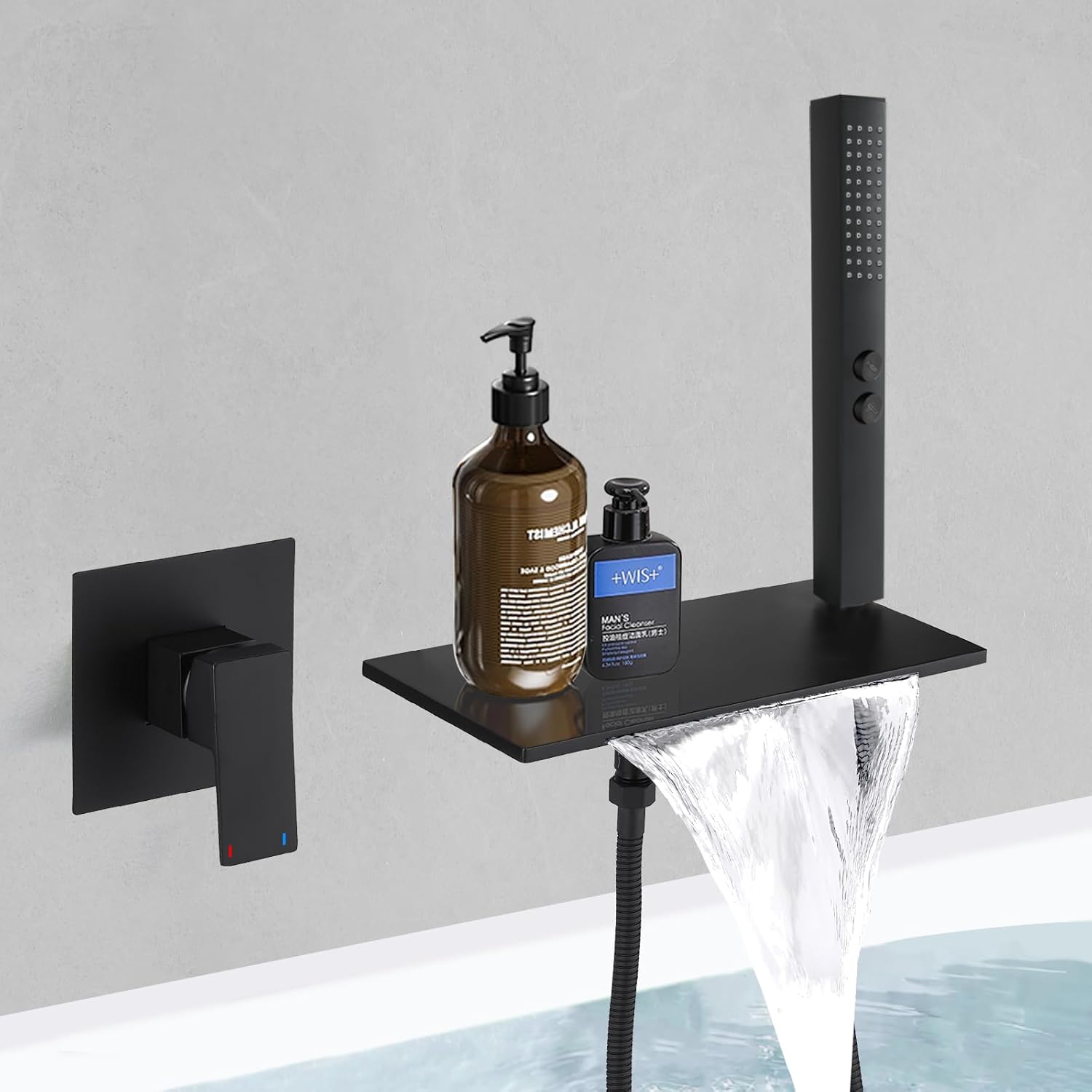 BESy Brass Waterfall Bath Tub Faucet with Handheld Sprayer, Wall Mount Bathtub Faucet Set Modern Tub Filler with Brass 2 In 1 Handheld Showerhead, with cUPC Rough-In Valve, Matte Black