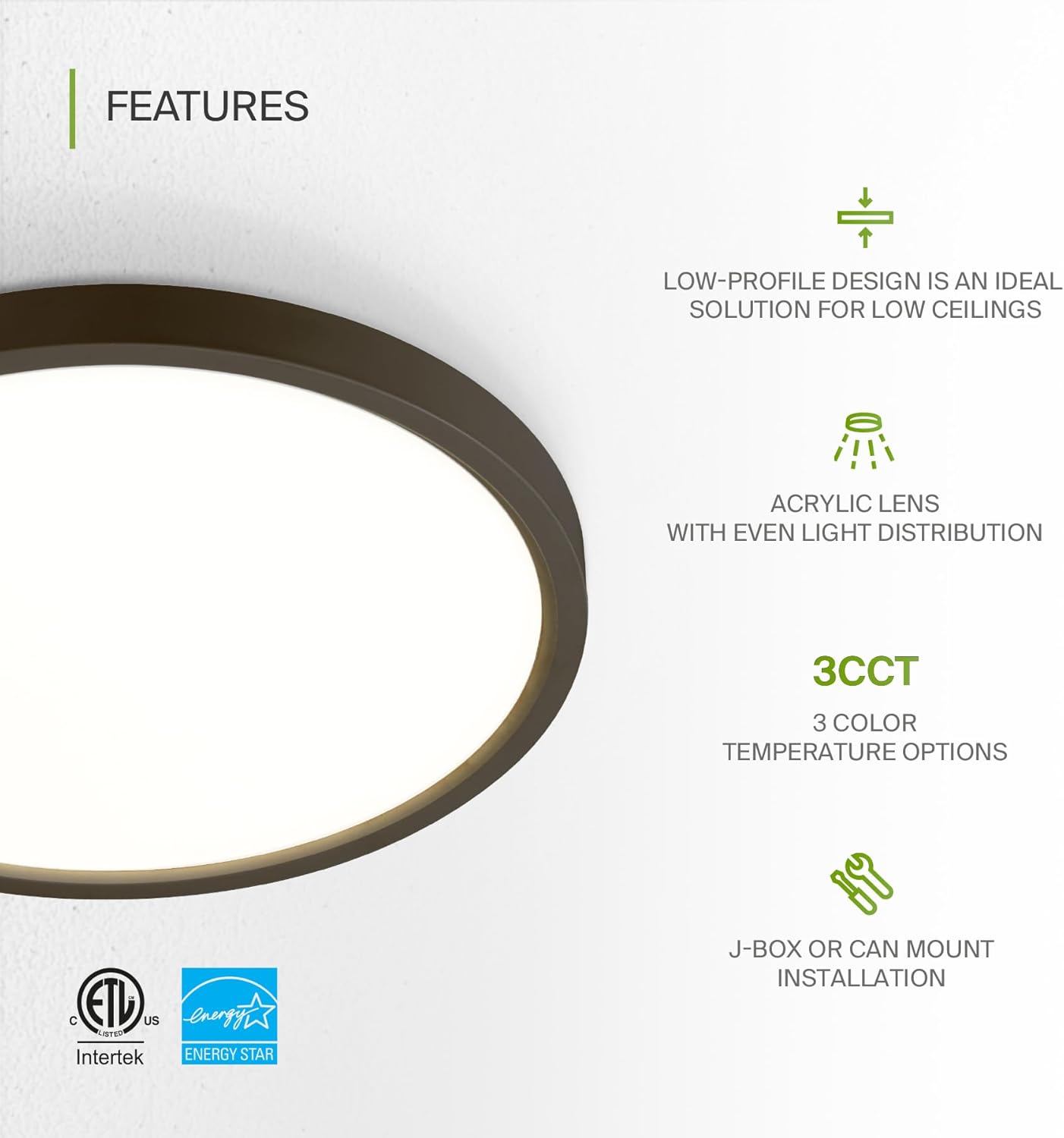 ASD LED 9" Round Flush Mount Light | 18W 1460LM 3000-5000K 120V | 3CCT, Dimmable, Ultra Slim, ETL Listed | Thin Surface Lamp, Bedroom Ceiling Lighting | Bronze, 12 Pack