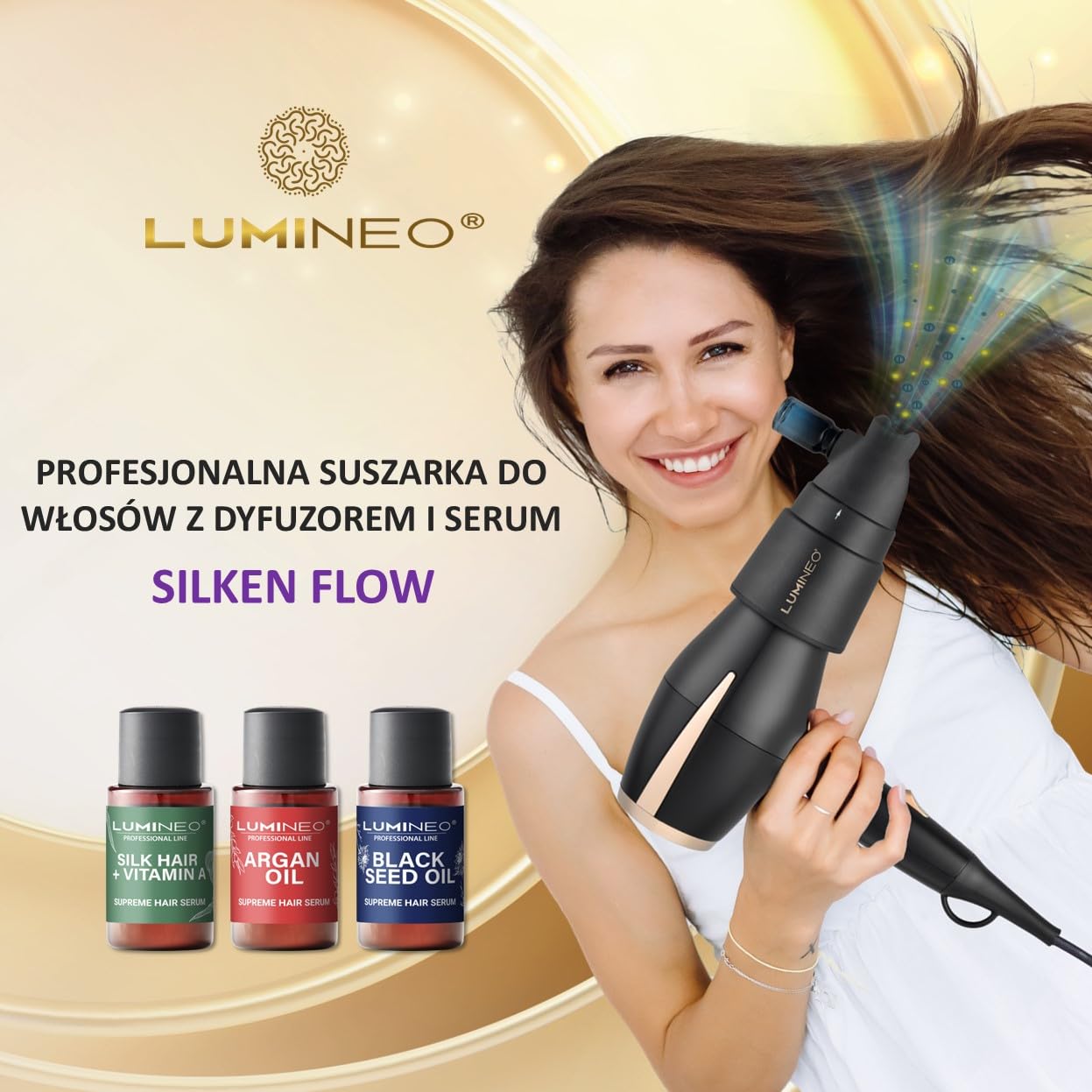 Lumineo profesjonalna suszarka do włosów 5 w 1 z 2 milionami jonów i specjalnym dyfuzorem 2400 W + koncentrator + 3 szt. zestaw serum do włosów w zestawie