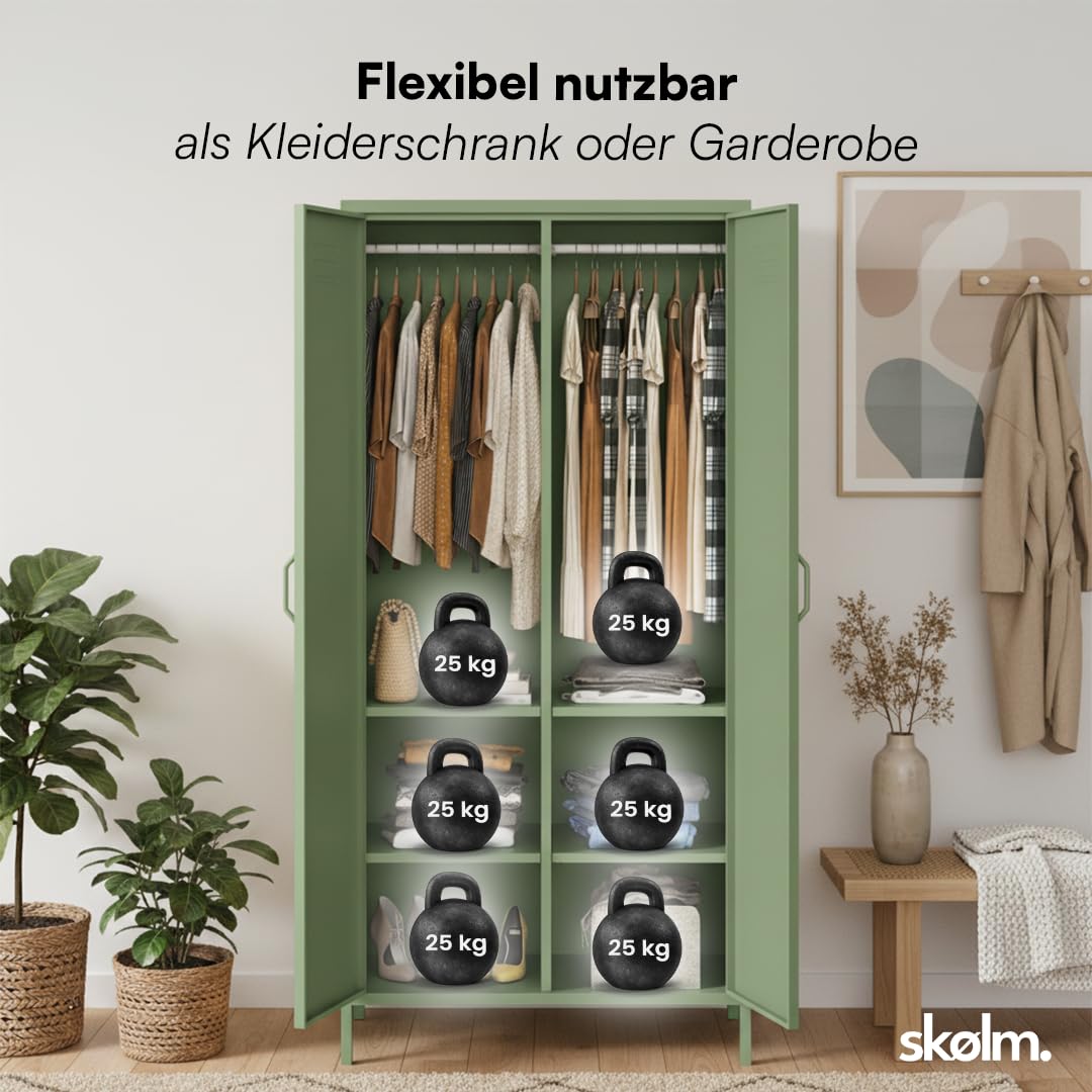 skølm Atria Kleiderschrank Metall – Metallschrank mit 6 Fächern & 2 Kleiderstangen – Garderobenschrank in Mintgrün – Metallkleiderschrank 80 cm breit – Schlafzimmerschrank – Industrial Schrank Flur