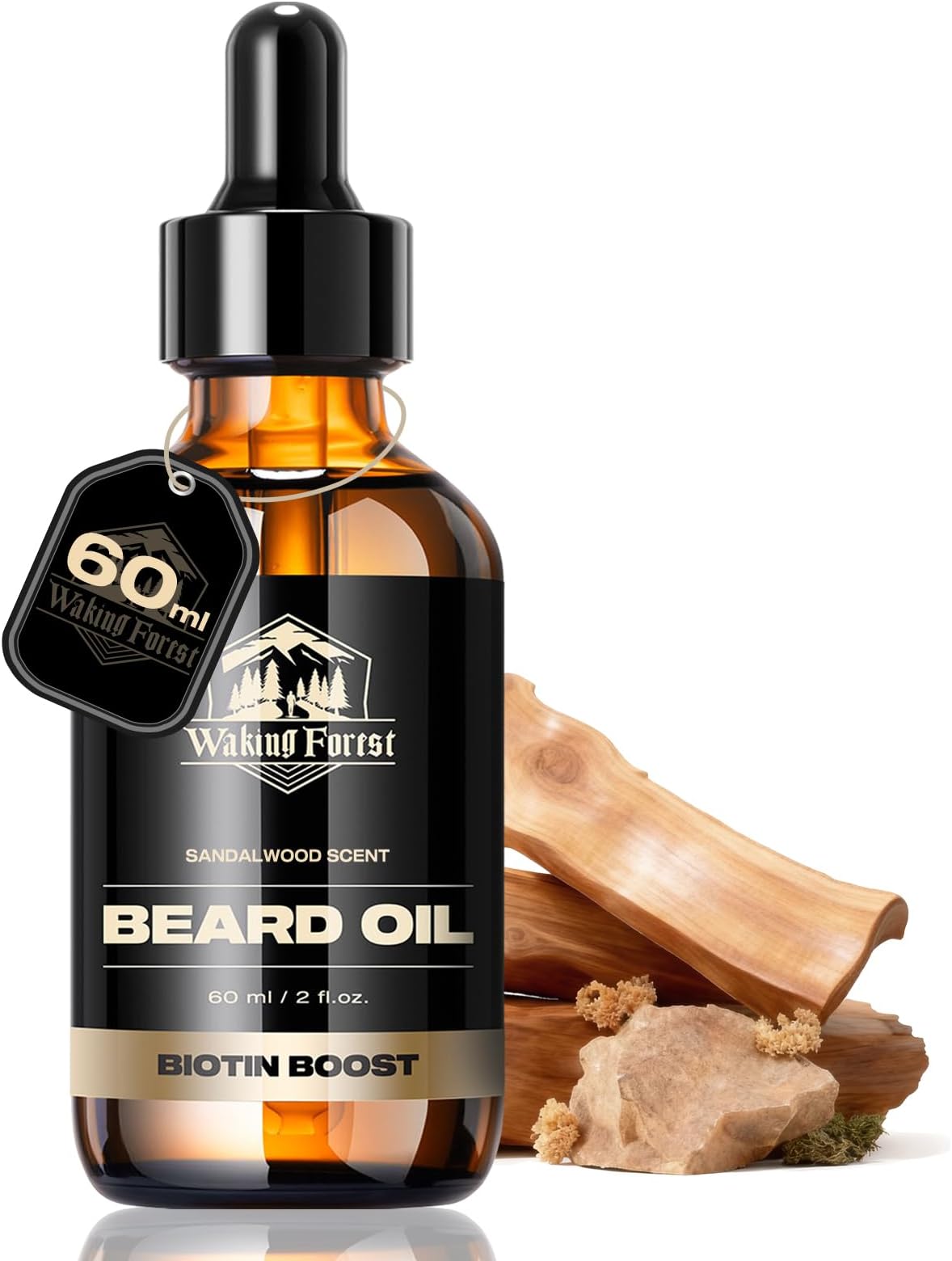 Waking Forest Beard Growth Oil - Biotin Sandalwood Oil with Vitamin E, Rosemary & Castor for Thicker, Softer, Stronger Beards (2oz)