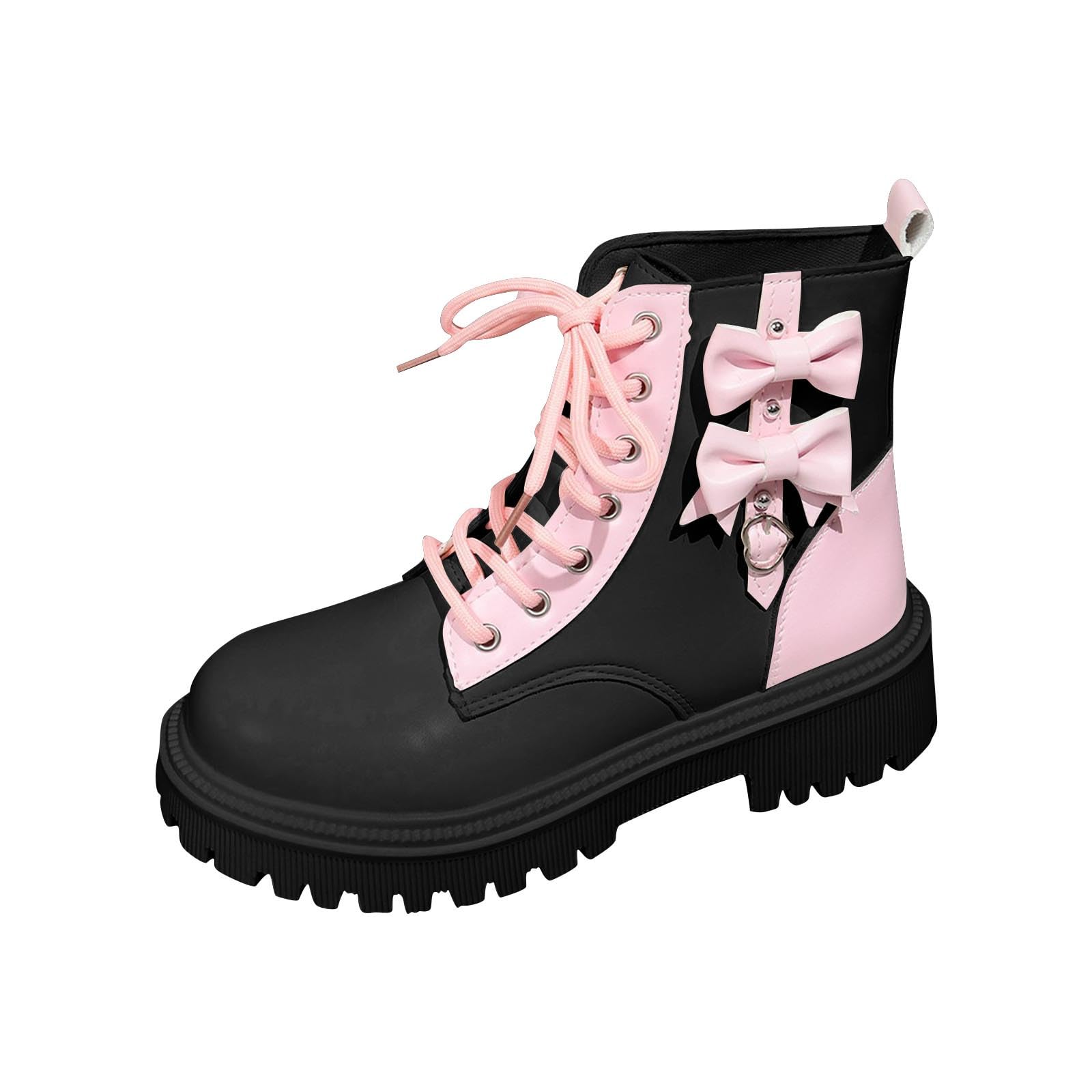 Women Fall Lace Up Boot Shoes Fashion Colorblock Mid Calf Boots Cute Bowknot Round Toe Chunky Bottom Heel