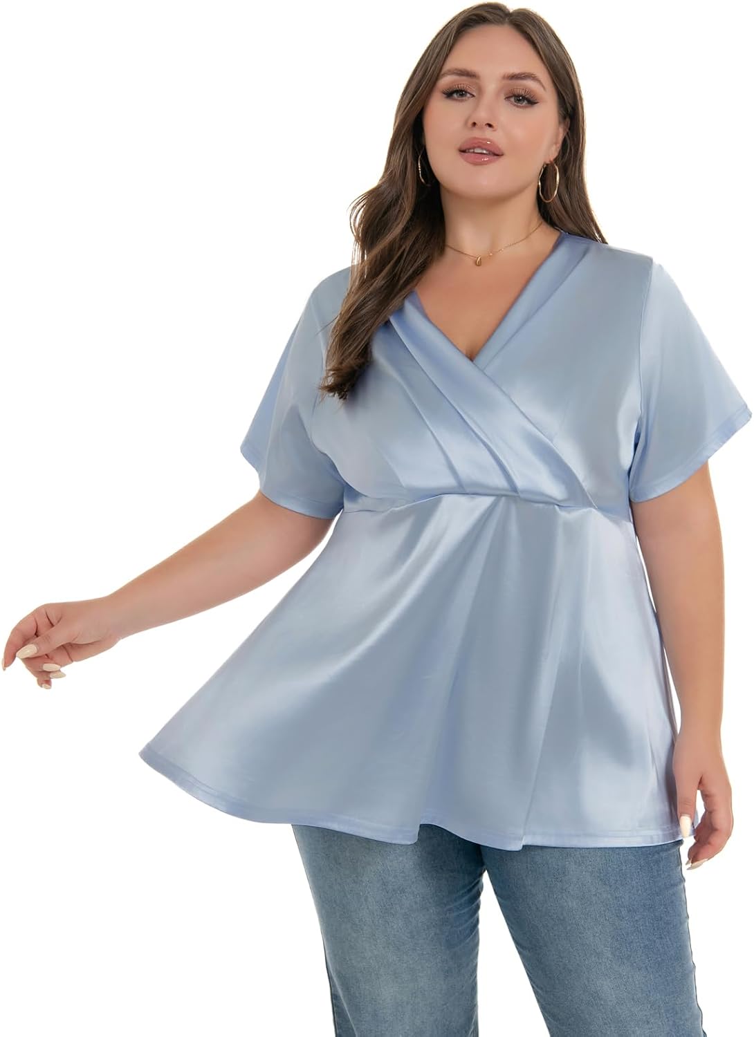 OVERWORETY Women's Plus Size Satin V Neck Tops Short Sleeve Wrap Elegant Blouse Shirt - Image 2
