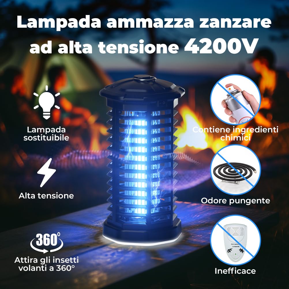 YISSVIC Lampada Antizanzare Elettrica 4200V Trappola per Zanzare UV con Luce LED, Impermeabile IPX4 per Interno ed Esterno, con Gancio e Spazzola per Pulizia