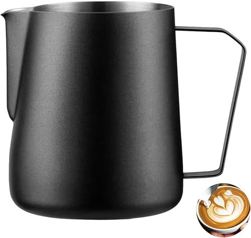 Meelio Jarra de espuma de leche de 14 onzas, jarra de vapor de leche de acero inoxidable de 13.5 fl oz, taza espumadora de leche con marcas de