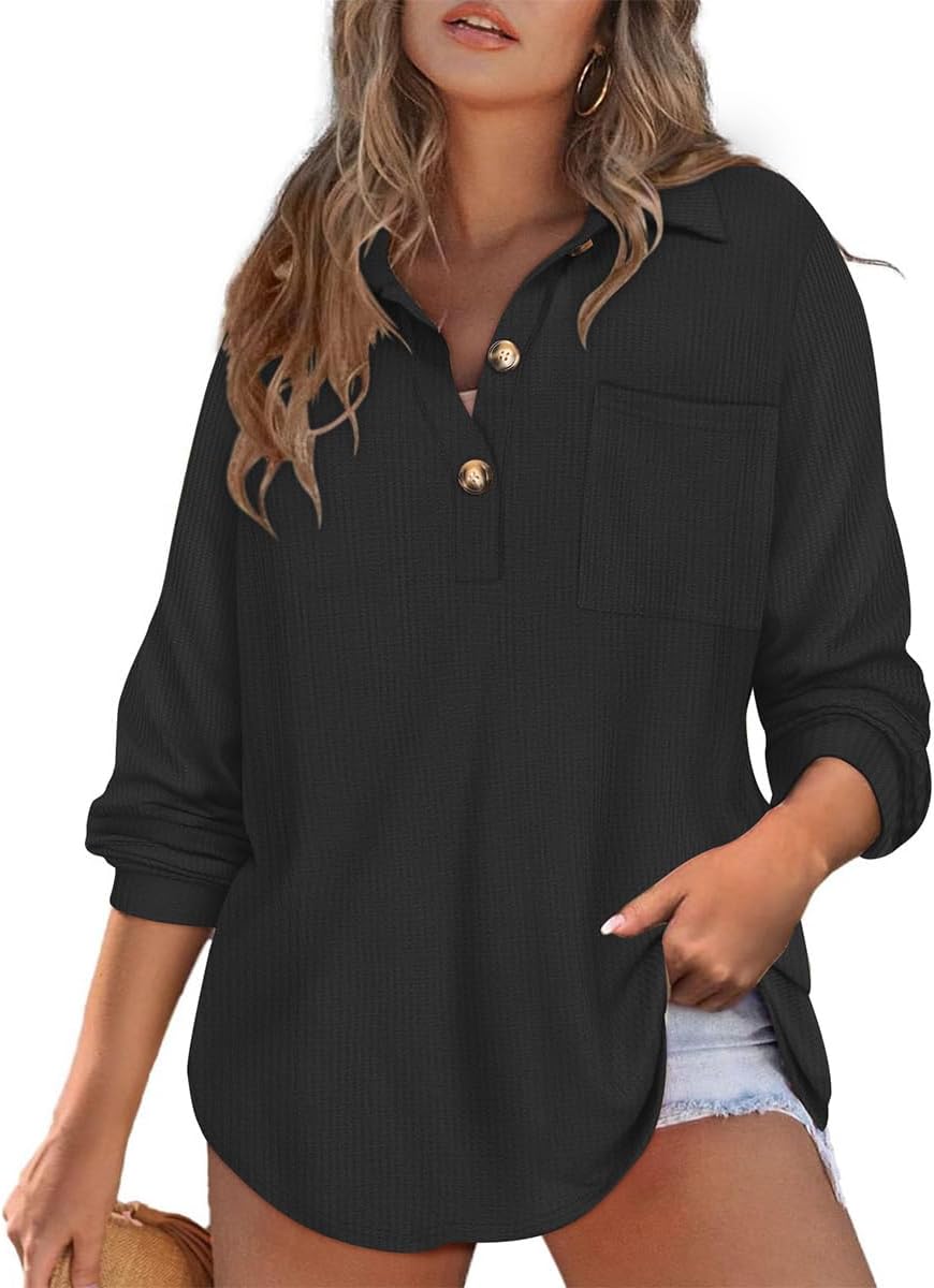 RITERA Plus Size Womens Waffle Knit Tops V Neck Henley Shirts Button up Blouse Long Sleeve Long Tunic Top