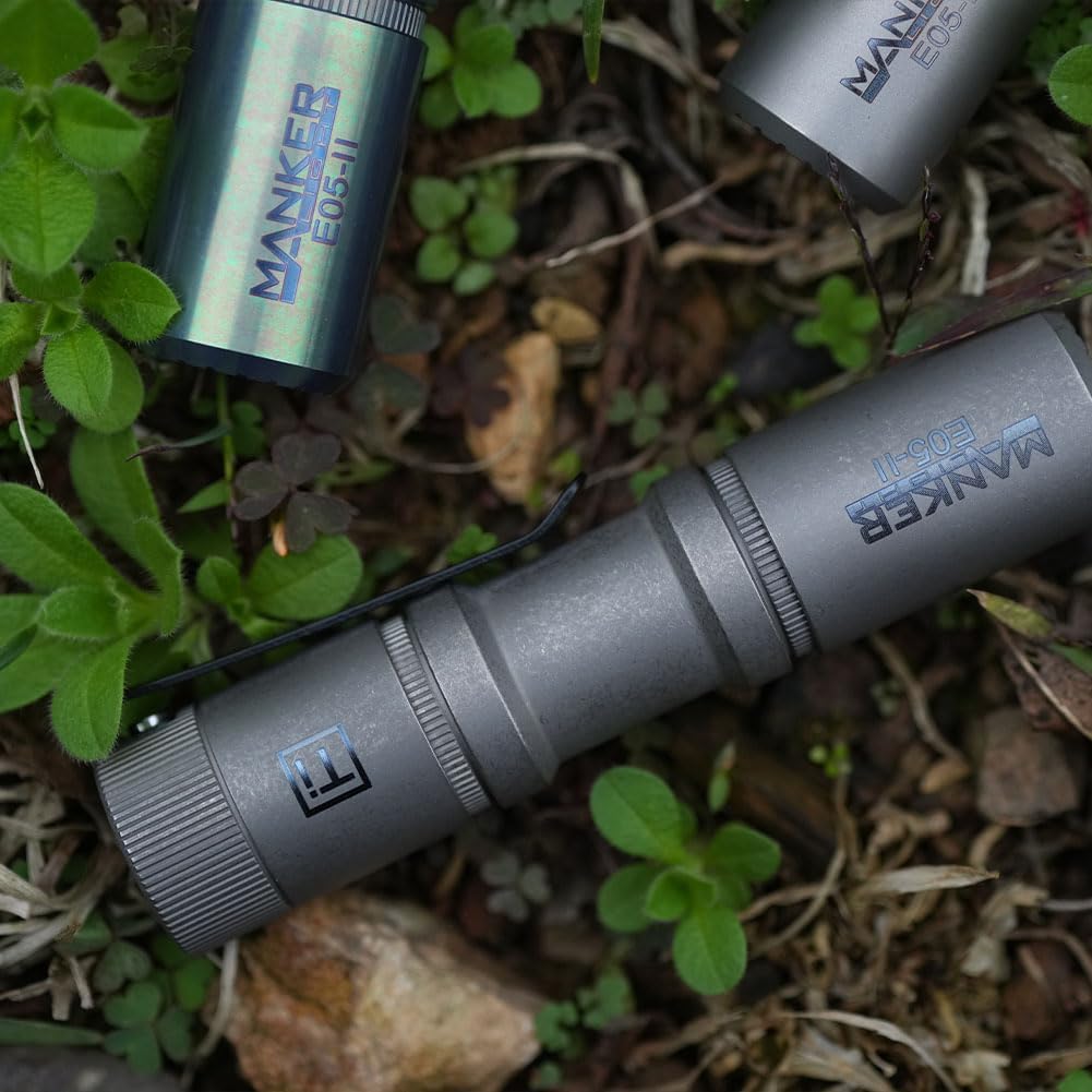 MANKER E05 II (Ti-Stonewashed, Cool White Version, 6500K) Compact Flashlight, High Density 1300 Lumens White LED Emitters, Power by 14500 Battery or AA Battery (No Filter)