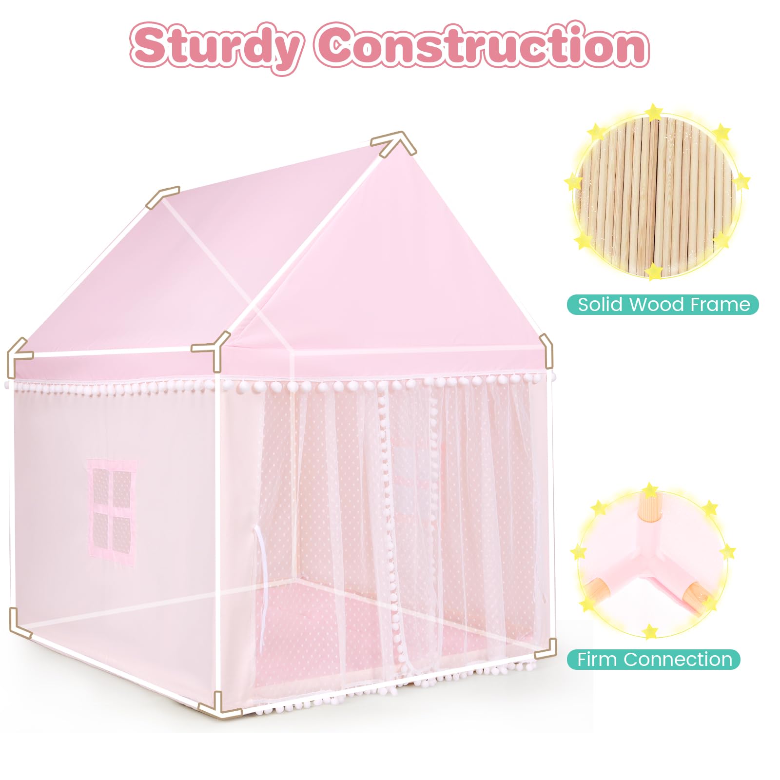 HOMASIS Kinderzelt für Indoor, Kinderspielhaus mit Matte & Fenstern & Holzrahmen & Vorhang, Kinder Spielzelt Prinzessin für Mädchen & Jungen, Bettzelt Tipi Zelt 105x120x140 cm (Modell 1-Pink)