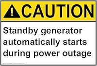 Vista 1 de ComplianceSigns. com PRECAUCIÓN generador de espera comienza automáticamente durante el corte de energía ANSI señal de seguridad, 7x5 en. plástico