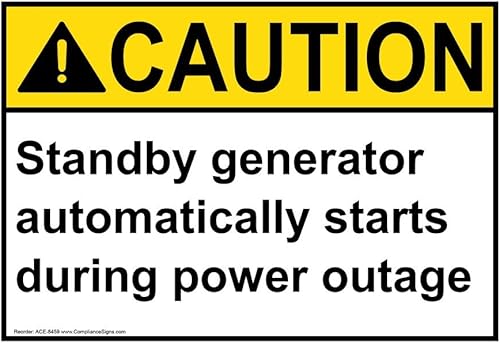 ComplianceSigns. com PRECAUCIÓN generador de espera comienza automáticamente durante el corte de energía ANSI señal de seguridad, 7x5 en. plástico