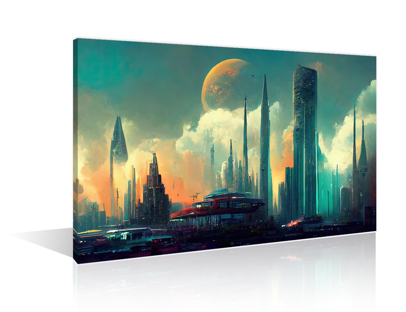 Colorful Futuristic City Canvas Wall Art 1 Panel Cyberpunk Style Skyscrapers with Neon Red Glowing Lights Picture Paintings Wall Decor for Bedroom Print on Canvas Framed Ready to Hang (24" Wx36 H) — image 1