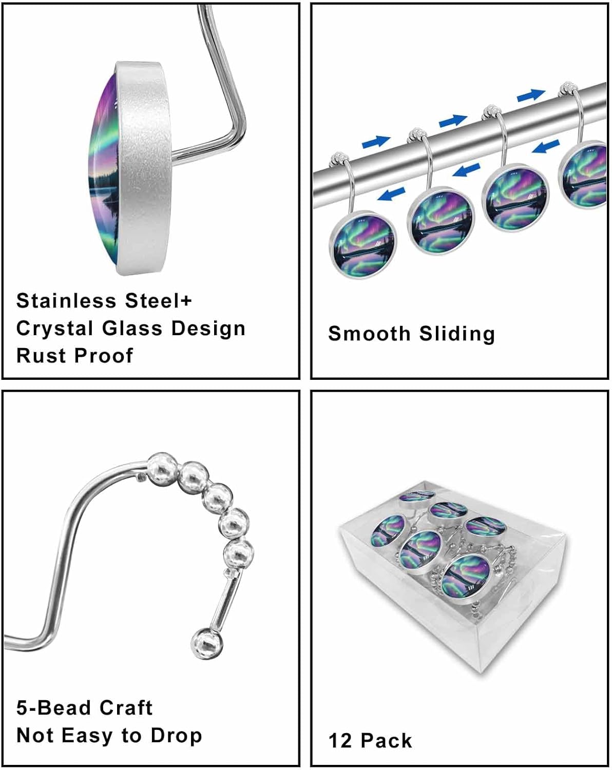 Aurora Shower Curtain Hooks 12 Pcs Starry Sky Arctic Scenery Night Sky Stainless Steel Rust Proof Rolling Shower Curtain Rings, Decorative Shower Curtain Hooks Hangers for Bathroom