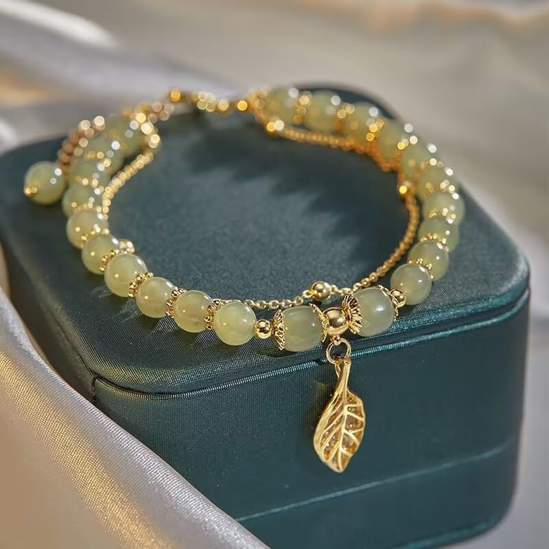 Hetian Jade Bracelet for Women Double Layer Green Beaded Monstera Palm Leaf Bracelet Adjustable Classic Bracelet with Zircon Leaf Charm Ladies Jewelry - Image 3