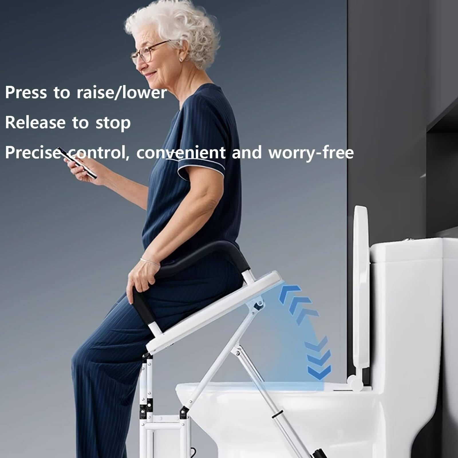 Podpórka na deskę sedesową z antypoślizgowymi podłokietnikami i uniwersalnymi kółkami 360°, ergonomiczny kąt podnoszenia 29°, zatrzymuje się po zwolnieniu ręcznym, wygodna pomoc w łazience