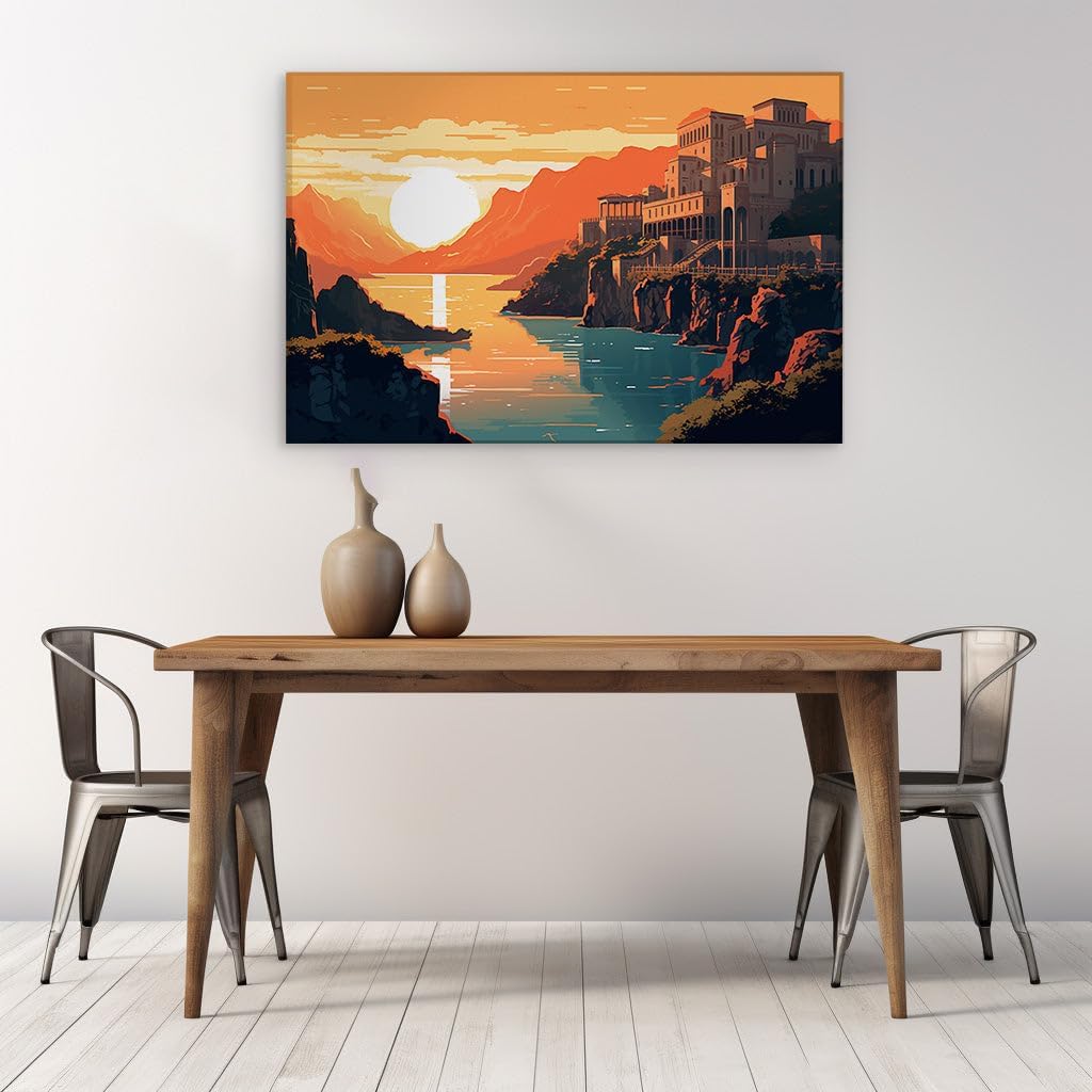 Canvas for Living room. Sunset Serenity on the Mediterranean Cliffs: A Coastal Town's Timeless Beauty, 27 x 18 inch Canvas Wall Art - Contemporary Masterpieces - Modern Home Decor