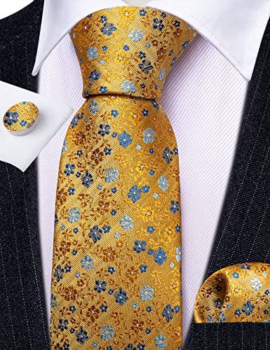 Image of Barry.Wang Flower Ties for Men Silk Woven Floral Tie Sets Necktie Handkerchief Cufflinks Wedding Party