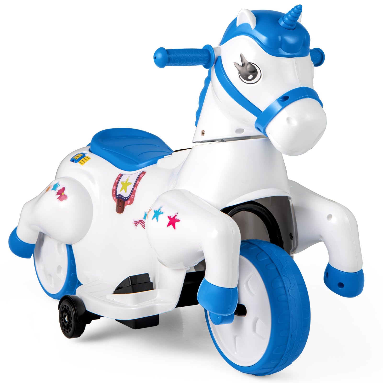 DREAMADE Kinder Elektroauto mit 2 Stützrädern, 3 km/h, Elektrisches Kinder Aufsitzauto mit Musik, Plüsch-Aufsitzspielzeug Kinderfahrzeug, Elektro Kinderauto für Kinder ab 3 Jahren (Blau)