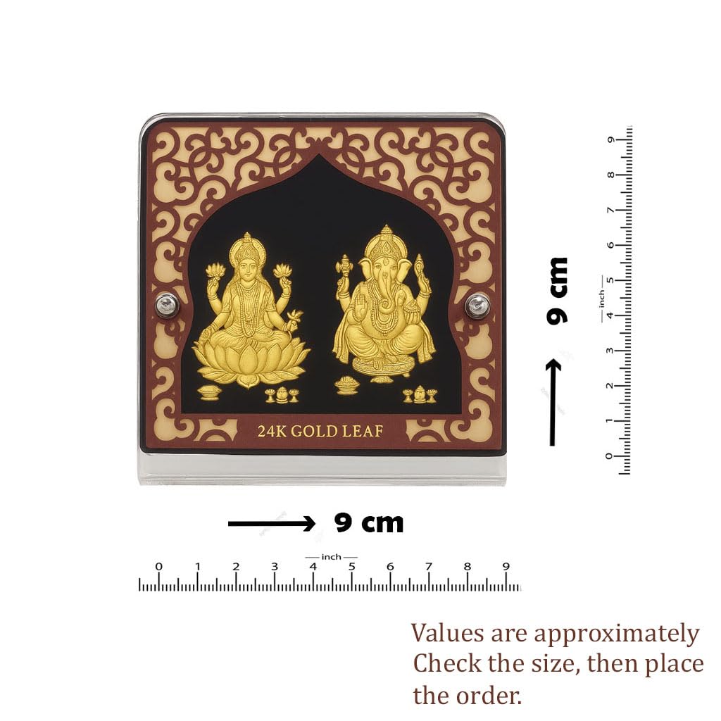 Pozłacane szkło Lakshmi Blat Ganesh Murti Idol Frame | Laxmi Ganesha zdjęcie | świątynia, dekoracja stołu, dekoracja ścienna | prezenty Diwali i parapetówki | biurko biurowe, deska