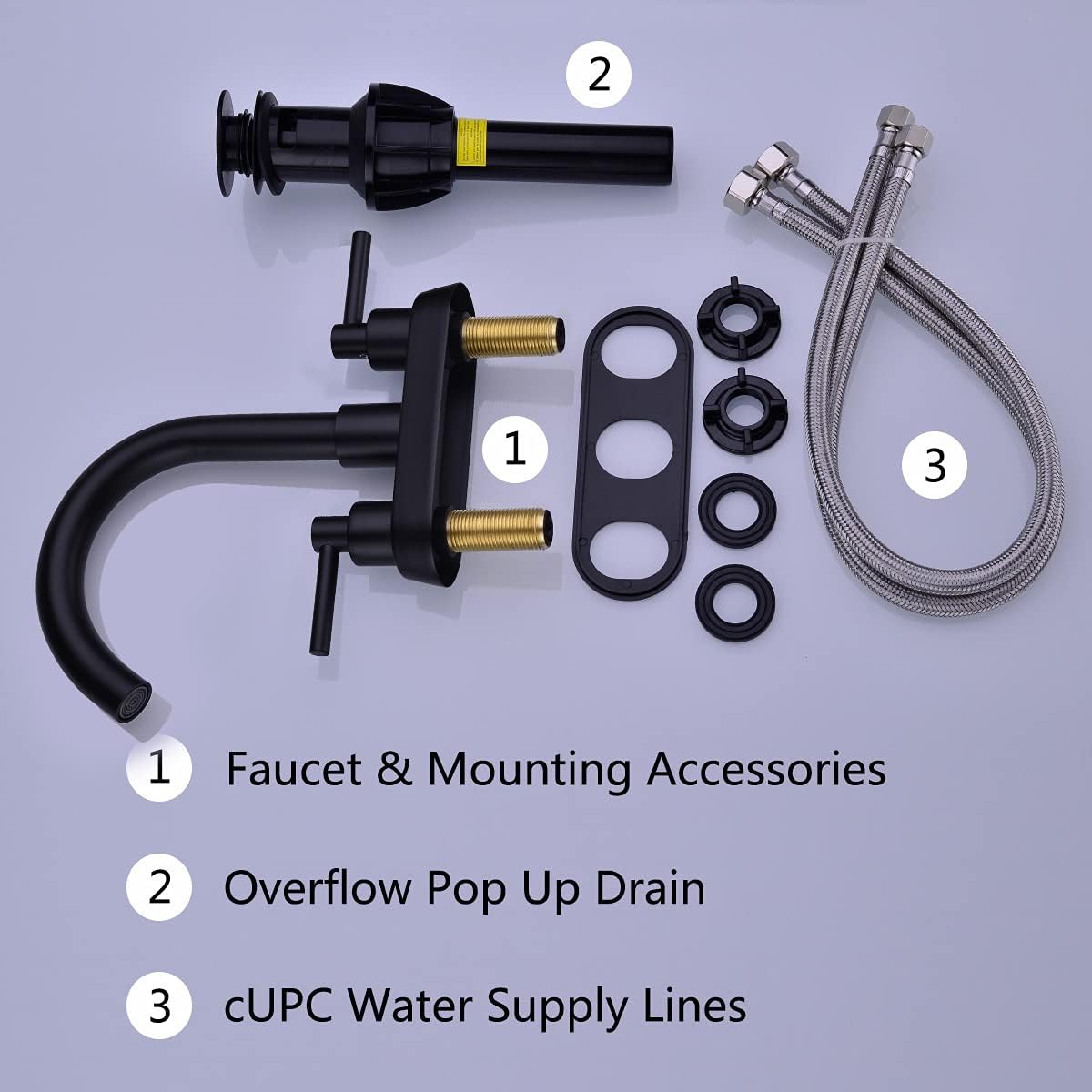 TRUSTMI Bathroom Faucet 2 Handle Lavatory Sink Faucet with Overflow Pop Up Drain Assembly, 4 Inch Centerset 3 Hole Deck Mounted, 360° Swivel Spout, cUPC Water Supply Lines Included, Matte Black