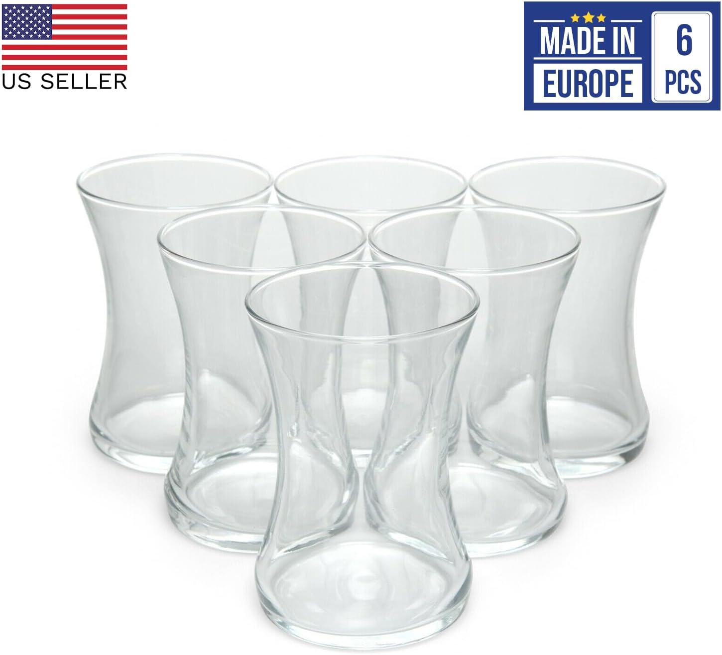 Hakan Turkish Tea Cups | Traditional Turkish Tea Glasses of 6 with Modern Design | Coffee, Espresso Mugs | Slim Waist, Thick Base Clear Glasses | Dishwasher- Safe, 6 oz (175 cc)