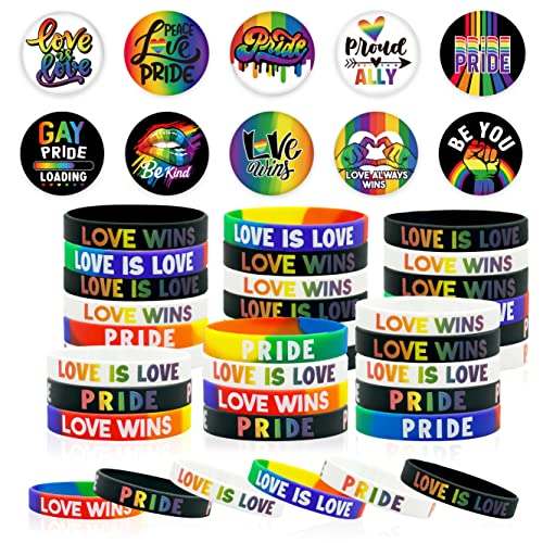 60 Pcs Rainbow Gay Pride Accessories Set Include 30 Pride Bracelet Silicone Wristbands And 30 Lgbt Love Badges Pins Stuff For Gay Pride Parade Celebration Carnival Party Favors Supplies Decorations #TOP10