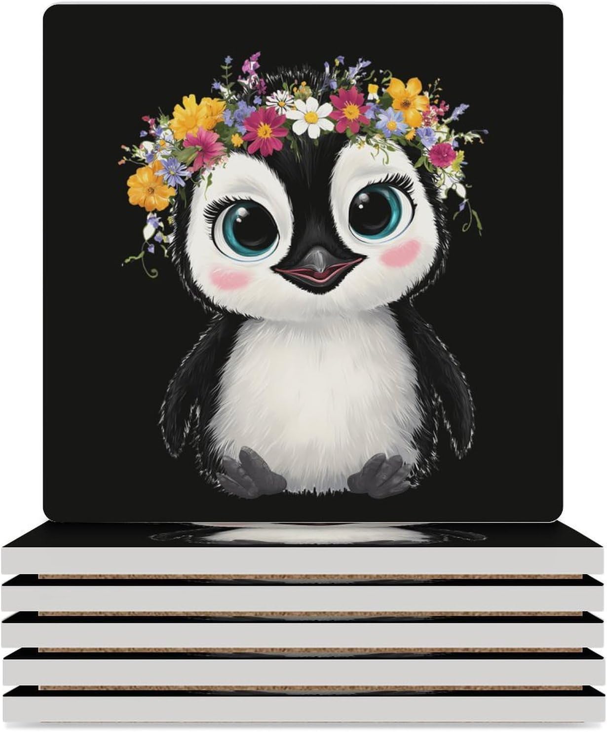Cute Penguins Coaster for Drinks Square Ceramic Table Coasters Stone Mat Crafts 6PCS Home Kitchen Decor
