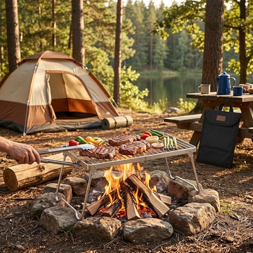 Składany grill na ognisko, na piknik, kemping, przenośny grill kempingowy, ze stali nierdzewnej, ruszt na węgiel drzewny, ruszt do gotowania, z torbą do przenoszenia, 44 x 16 cm