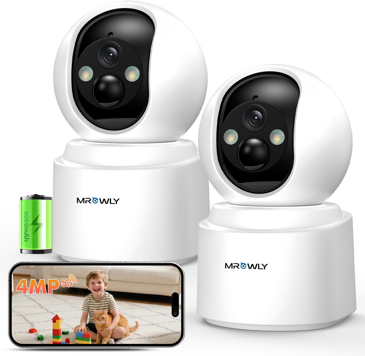 2,5K/4MP Überwachungskamera Innen WLAN mit 6000mAh Akku, 360° PTZ kabellose überwachungskamera, 2,4/5GHz WiFi, Farb-Nachtsicht, Bewegungserkennung, KI-Erkennung,Zwei-Wege-Audio 2 Stück