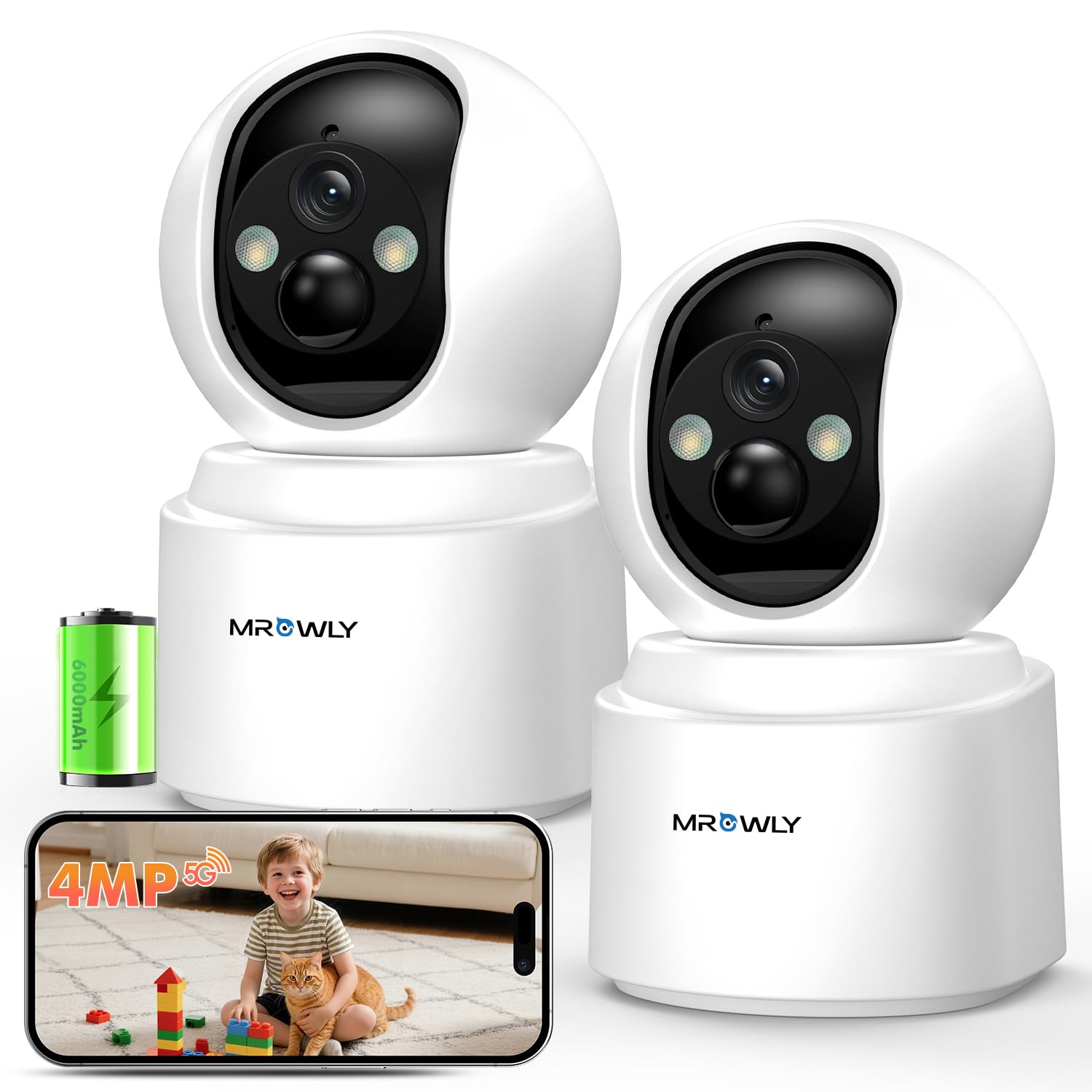 2 Unidades Camara Vigilancia WiFi Interior Sin Cable con Batería, 2.5K 4MP, 360° PTZ, Bebé/Animal/Seguridad para El Hogar, Detección PIR, Visión Nocturna Color, 2.4/5GHz WiFi, Tarjeta SD/Nube