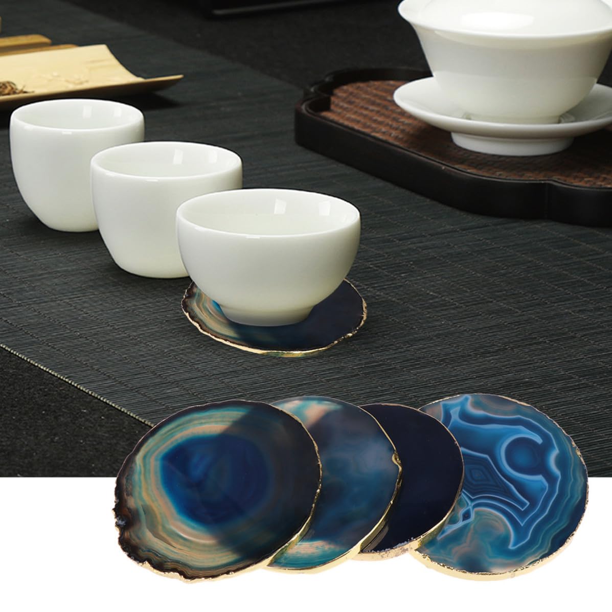 POPETPOP Sottobicchieri Creativi 4 Pezzi in Pietra di Agata Blu Rotondi Geometrici Isolamento Termico e Tappetino Antiscivolo per Ufficio e Tutte le Occasioni