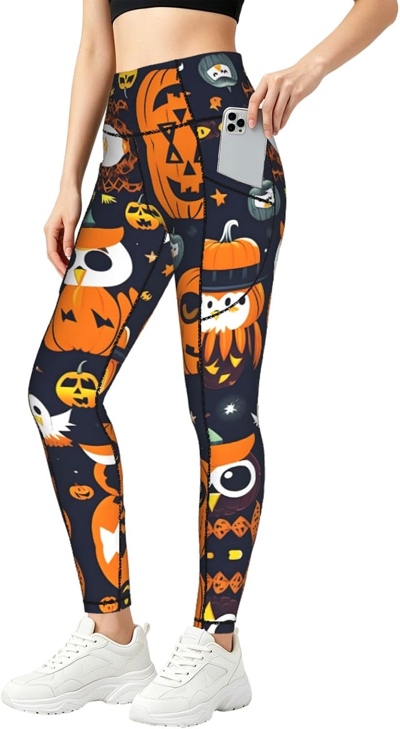 Halloween Owl Ghost Pumpkin Print Leggings with Pockets for Women,Gym Clothes,Fitness Clothing,Compression Leggings