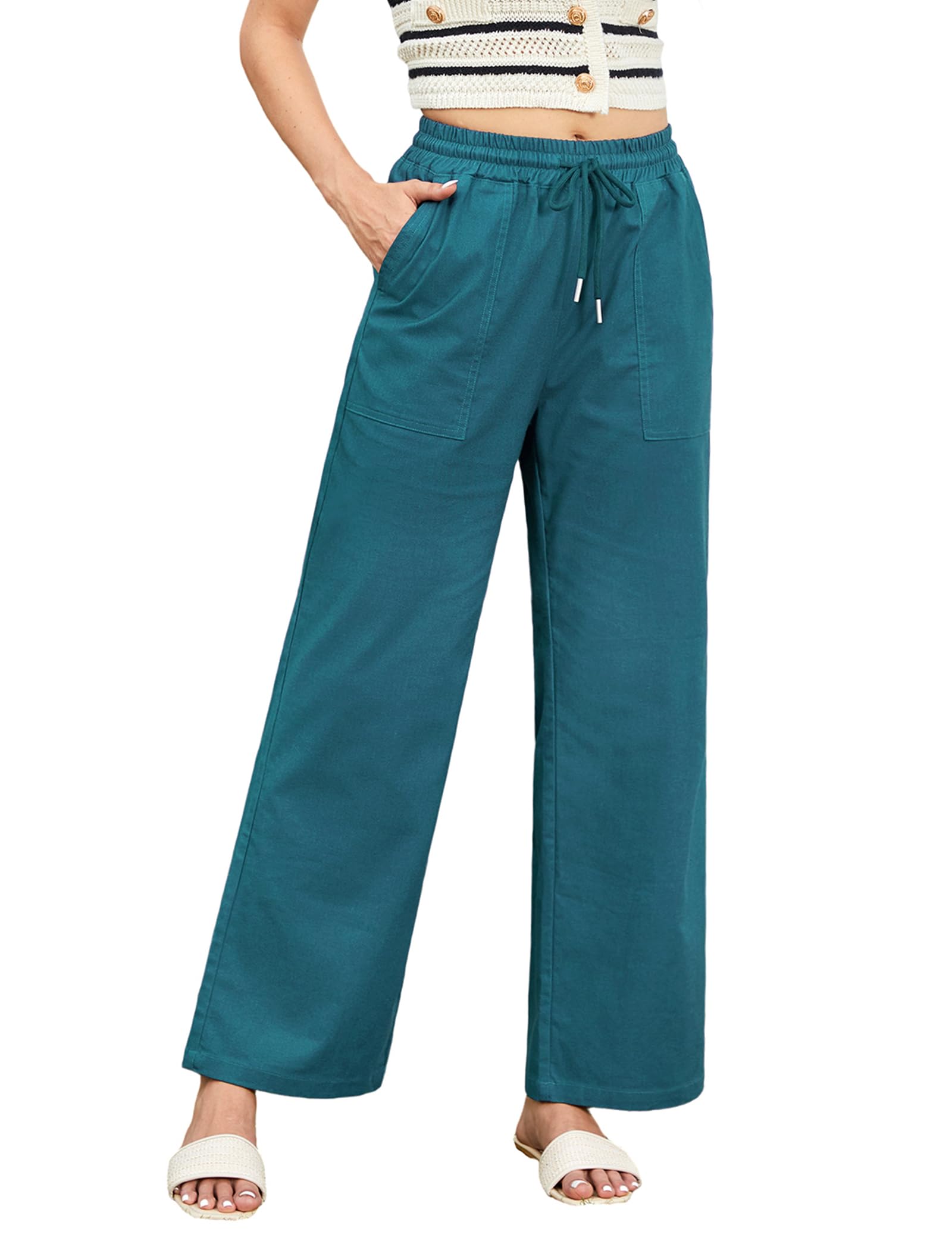 Enmain Pantalon Fluide Femme Été en Lin Pantalons Taille Élastique Décontracté Léger Ample avec Poches pour Vacances Plage ou Balade