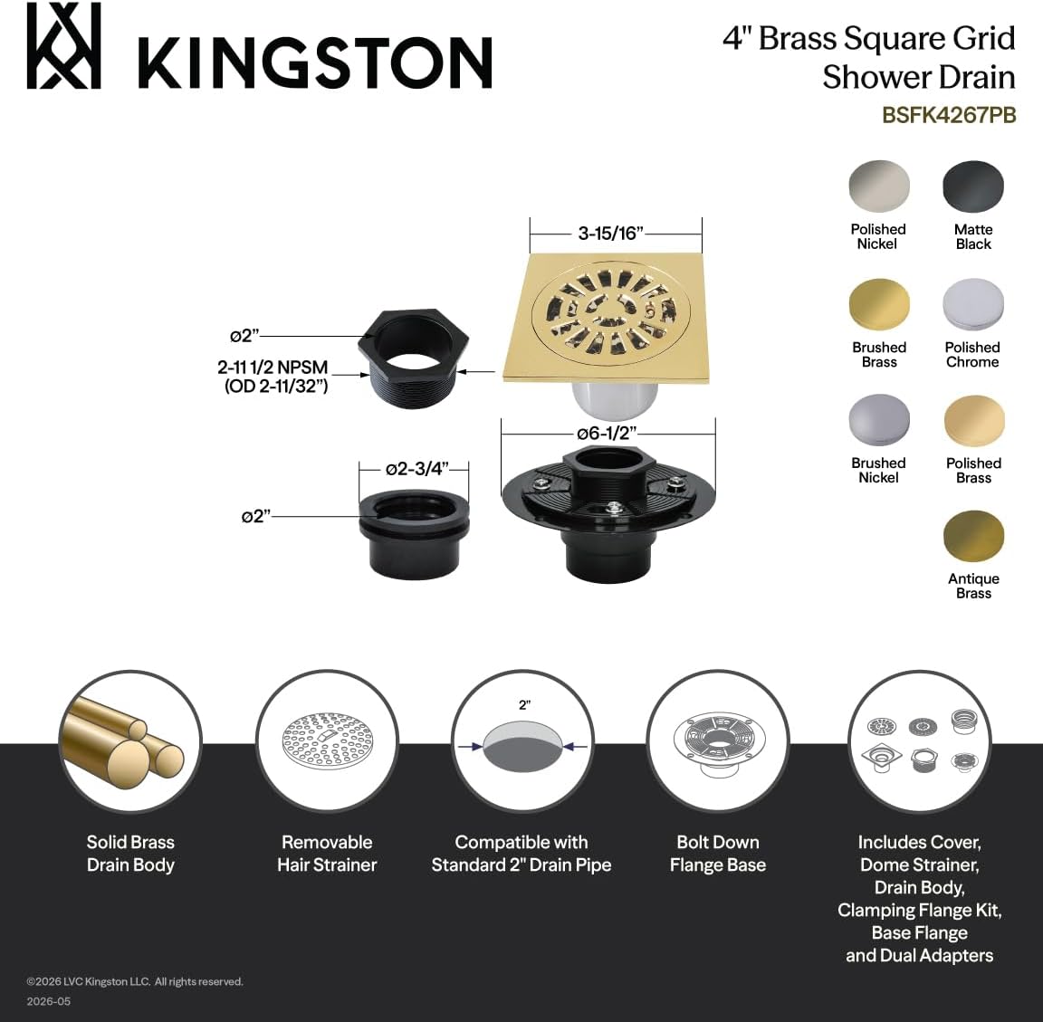 Kingston BSFK4267PB 4" Brass Square Grid Shower Drain, Polished Brass