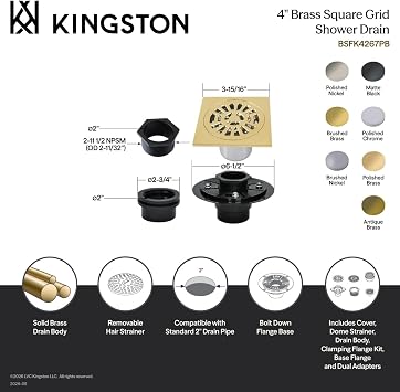 Kingston BSFK4267BB 4 Brass Square Grid Shower Drain, Brushed Brass