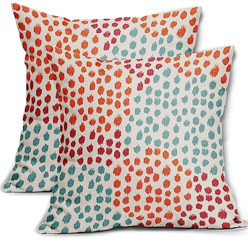 Blue Orange Red Pillow Covers 16x16 Set of 2 Fall Colored Art Dot Decorative Throw Pillows Trendy Print Outdoor Pillowcase Holiday Seasonal Cushion Cover Linen Pillow Case Decor for Sofa Couch Bed