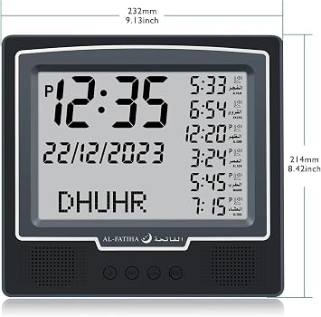 Azan Alarm Table Clock, Automatic Worldwide Digital 8 Azan Prayer Sounds, Muslim Prayer Clock for Home Decor, Ramadan Gift (Black)