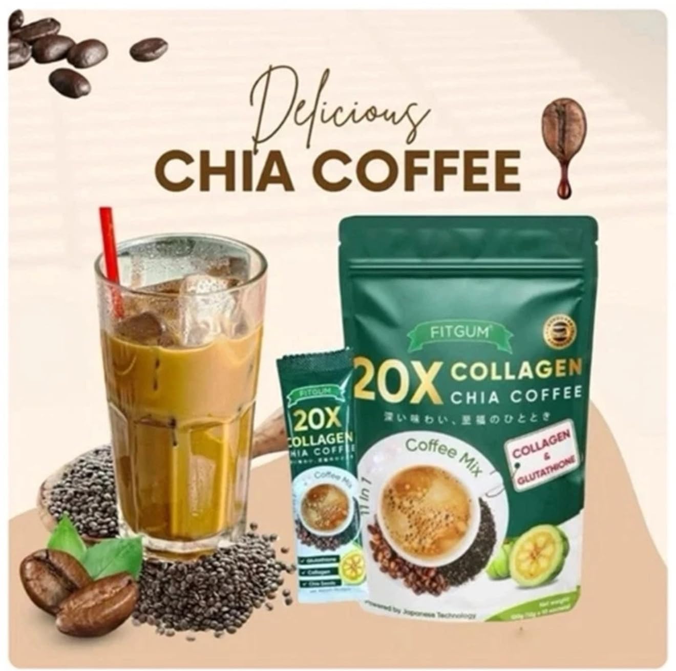 20X Collagen Chia Coffee Mix with Glutathione, Japanese Technology, 10 Sachets, 120g image 5